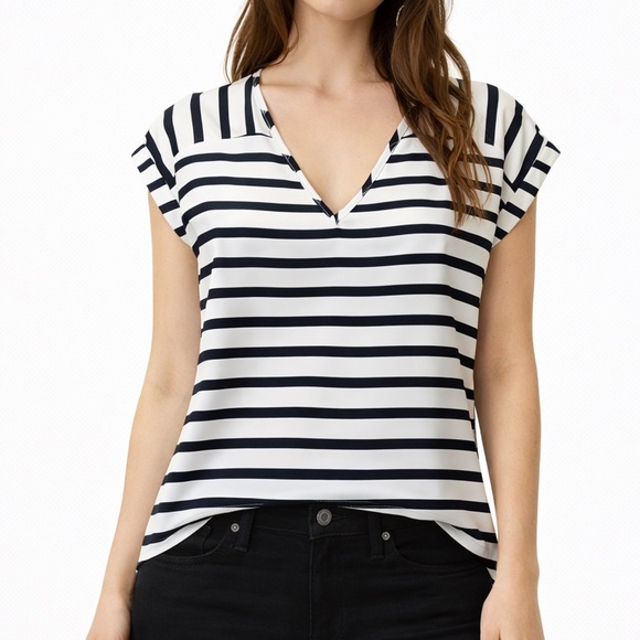 Express Tops - Express Black and White Striped V-Neck Blouse
